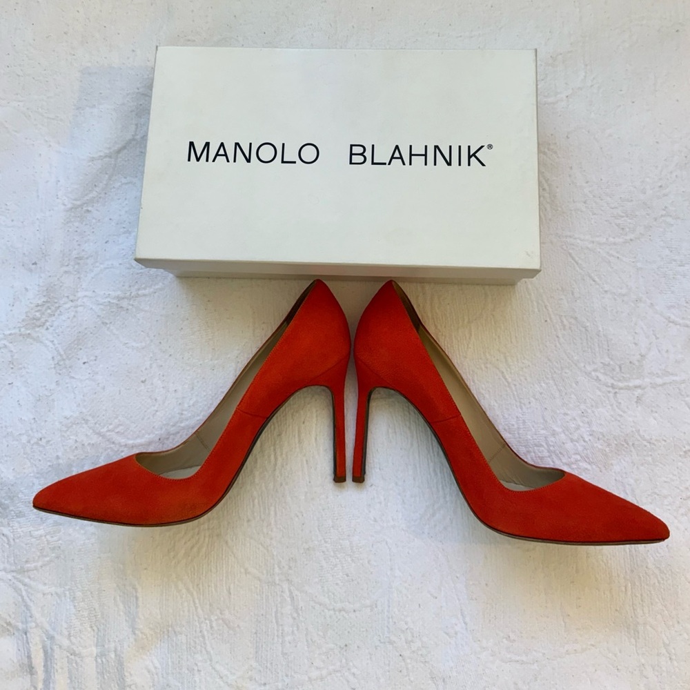 Manolo Blahnik Orange Suede Pumps Size 37 (US 7) Pointed Toe Stiletto Heels - Picture 10 of 13